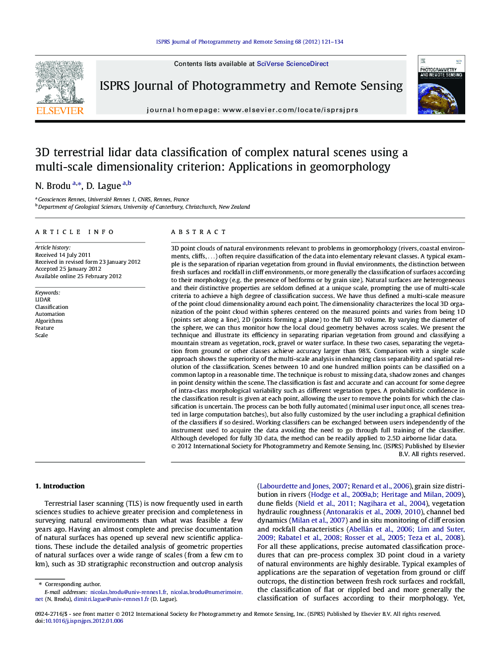 3D terrestrial lidar data classification of complex natural scenes using a multi-scale dimensionality criterion: Applications in geomorphology