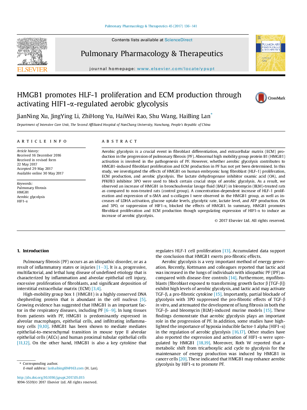 HMGB1 promotes HLF-1 proliferation and ECM production through activating HIF1-Î±-regulated aerobic glycolysis