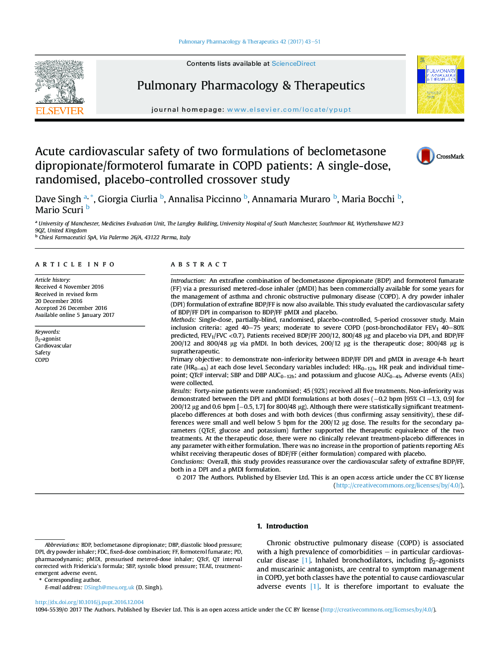 Acute cardiovascular safety of two formulations of beclometasone dipropionate/formoterol fumarate in COPD patients: A single-dose, randomised, placebo-controlled crossover study