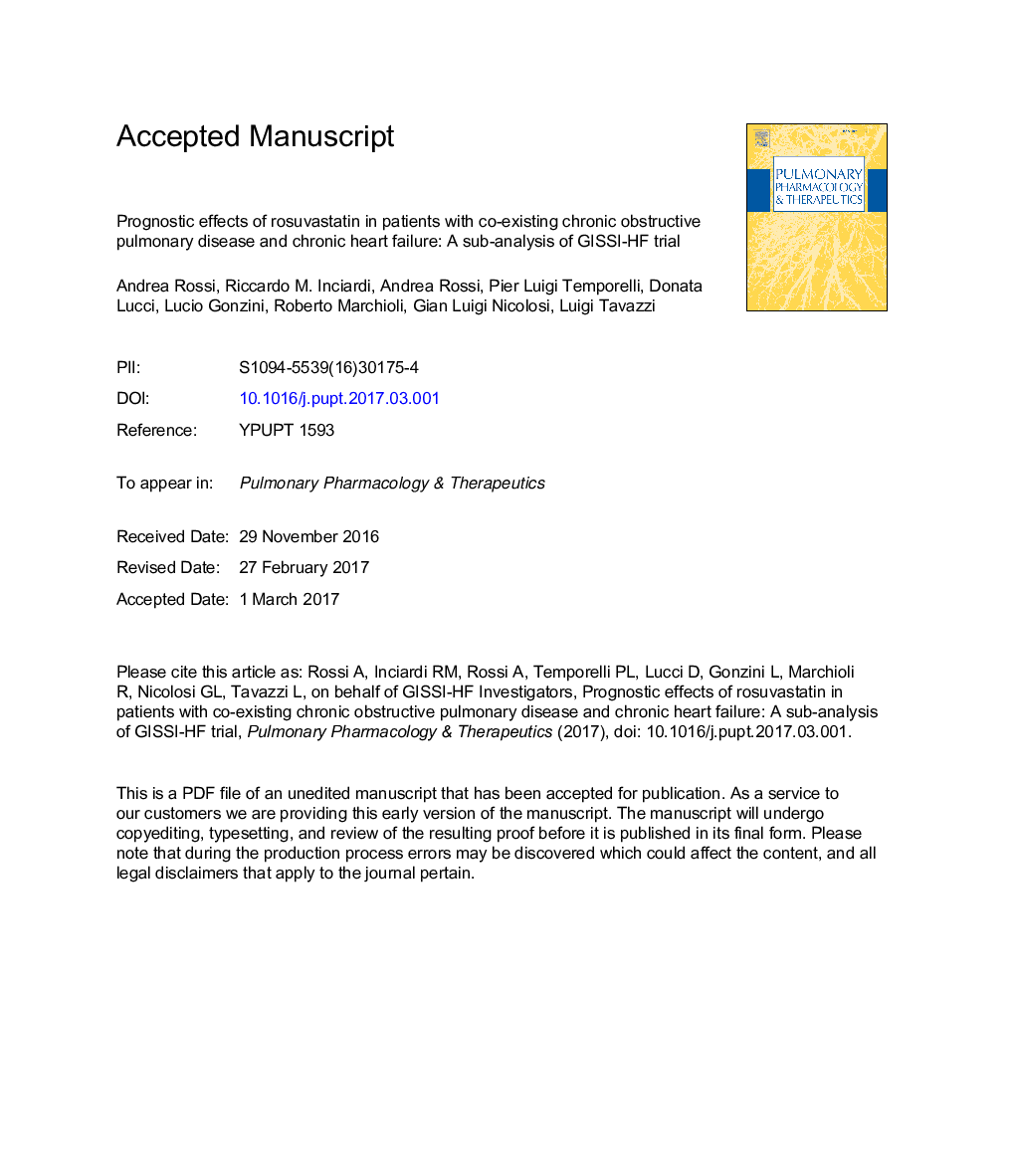 Prognostic effects of rosuvastatin in patients with co-existing chronic obstructive pulmonary disease and chronic heart failure: A sub-analysis of GISSI-HF trial