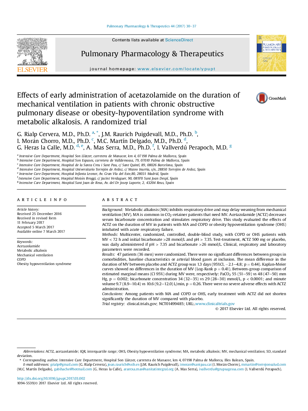 Effects of early administration of acetazolamide on the duration of mechanical ventilation in patients with chronic obstructive pulmonary disease or obesity-hypoventilation syndrome with metabolic alkalosis. A randomized trial