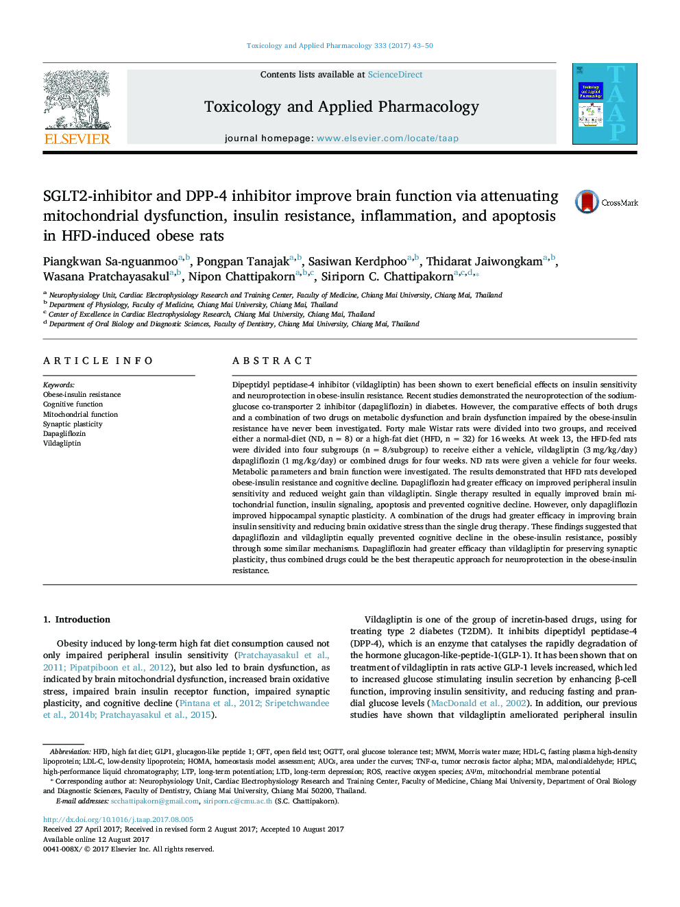 SGLT2-inhibitor and DPP-4 inhibitor improve brain function via attenuating mitochondrial dysfunction, insulin resistance, inflammation, and apoptosis in HFD-induced obese rats