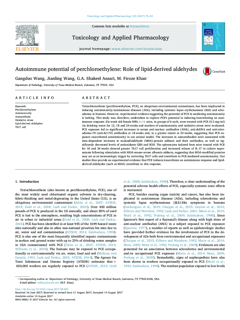 Autoimmune potential of perchloroethylene: Role of lipid-derived aldehydes