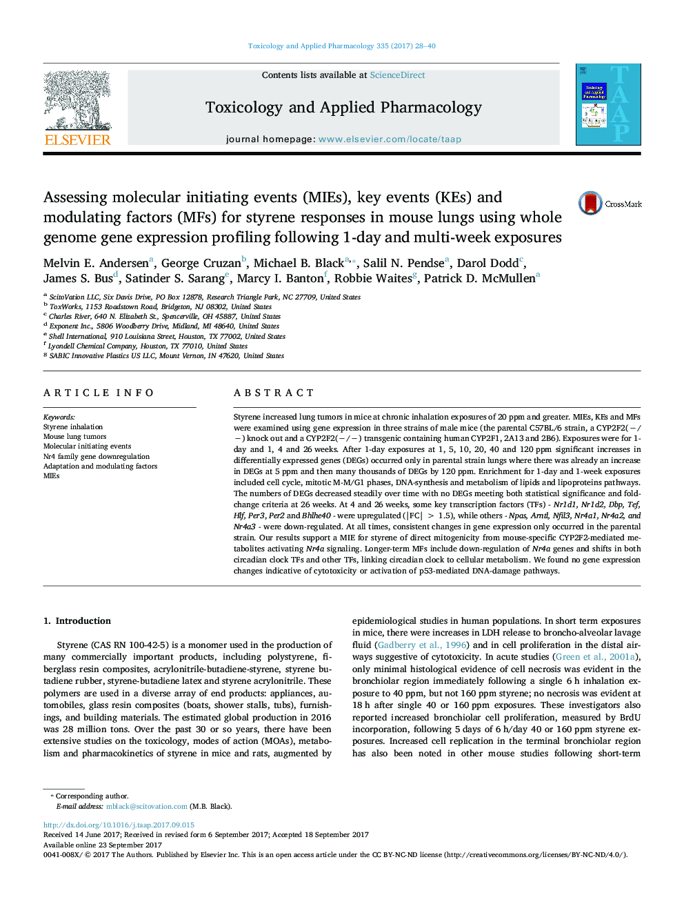 Assessing molecular initiating events (MIEs), key events (KEs) and modulating factors (MFs) for styrene responses in mouse lungs using whole genome gene expression profiling following 1-day and multi-week exposures
