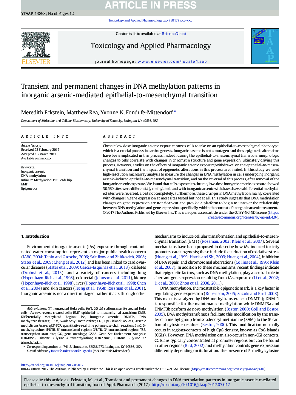 Transient and permanent changes in DNA methylation patterns in inorganic arsenic-mediated epithelial-to-mesenchymal transition