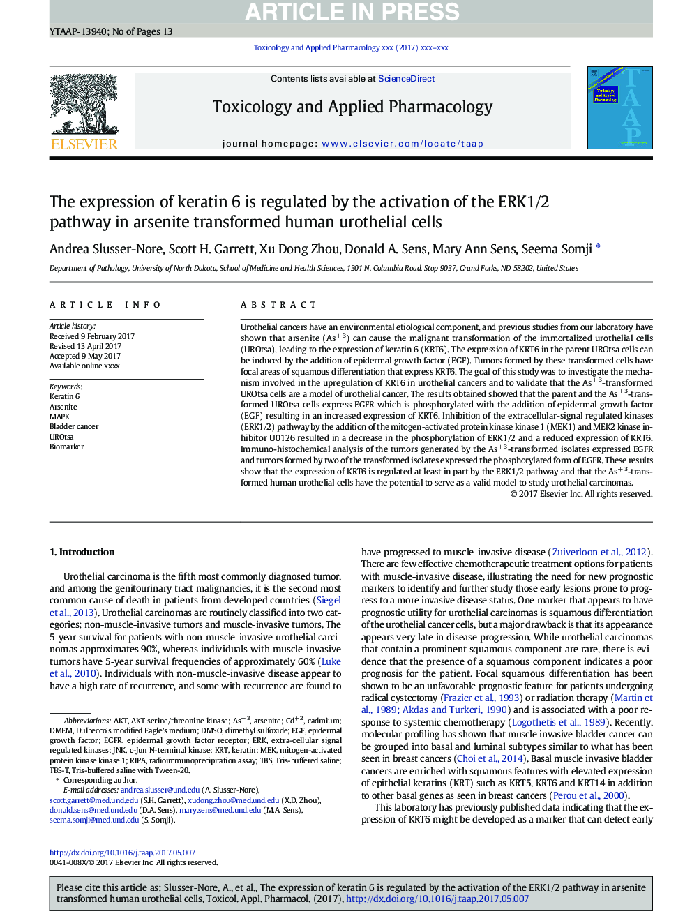 The expression of keratin 6 is regulated by the activation of the ERK1/2 pathway in arsenite transformed human urothelial cells