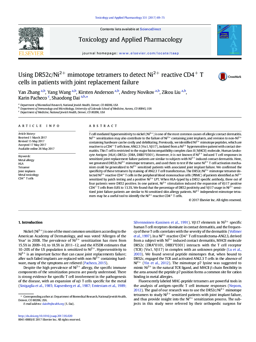 Using DR52c/Ni2+ mimotope tetramers to detect Ni2+ reactive CD4+ T cells in patients with joint replacement failure