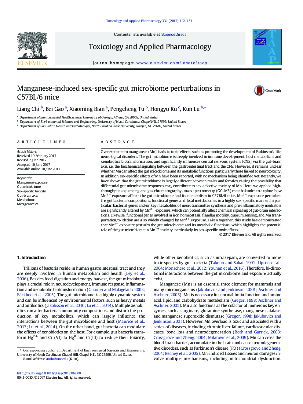 Manganese-induced sex-specific gut microbiome perturbations in C57BL/6 mice