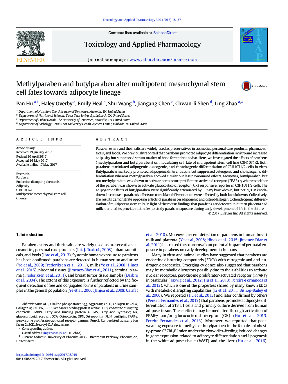 Methylparaben and butylparaben alter multipotent mesenchymal stem cell fates towards adipocyte lineage