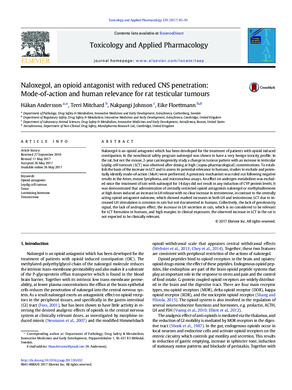 Naloxegol, an opioid antagonist with reduced CNS penetration: Mode-of-action and human relevance for rat testicular tumours