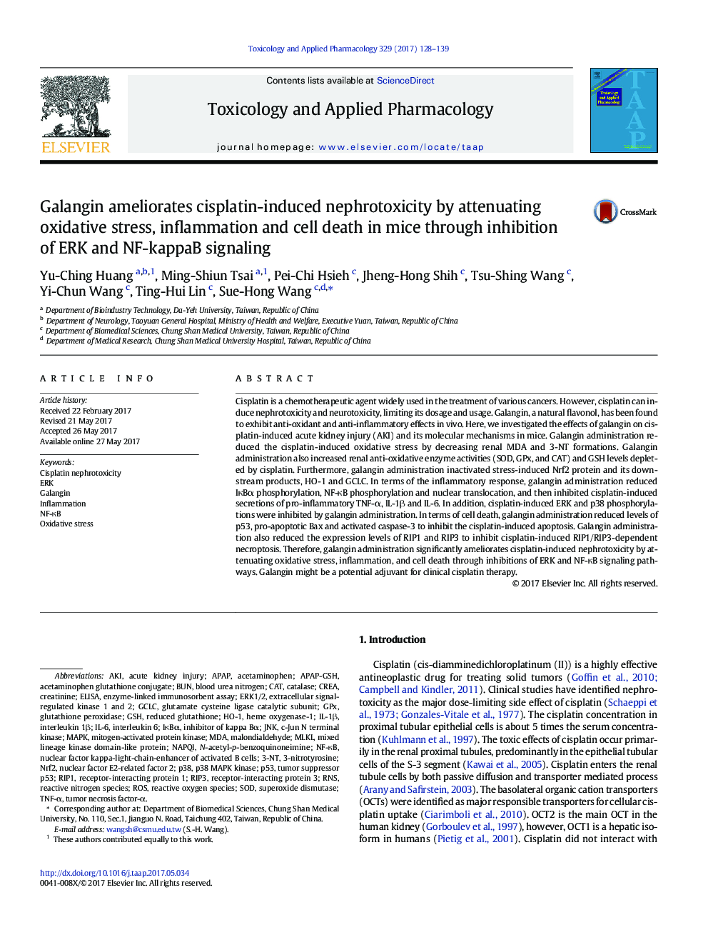 Galangin ameliorates cisplatin-induced nephrotoxicity by attenuating oxidative stress, inflammation and cell death in mice through inhibition of ERK and NF-kappaB signaling