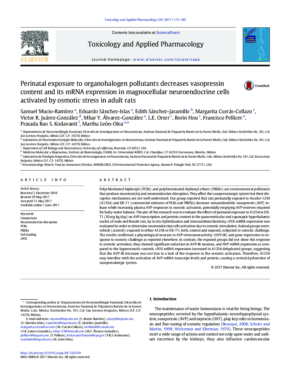 Perinatal exposure to organohalogen pollutants decreases vasopressin content and its mRNA expression in magnocellular neuroendocrine cells activated by osmotic stress in adult rats