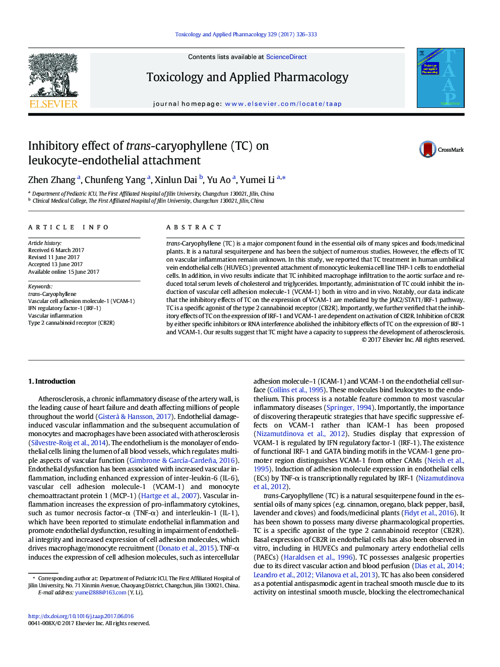 Inhibitory effect of trans-caryophyllene (TC) on leukocyte-endothelial attachment