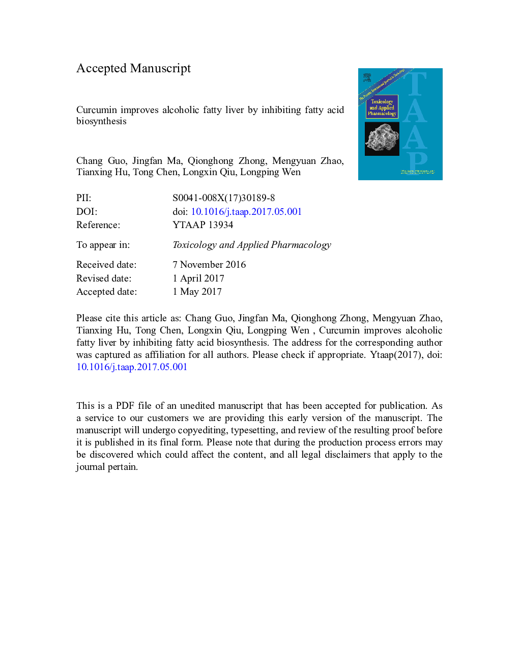 Curcumin improves alcoholic fatty liver by inhibiting fatty acid biosynthesis