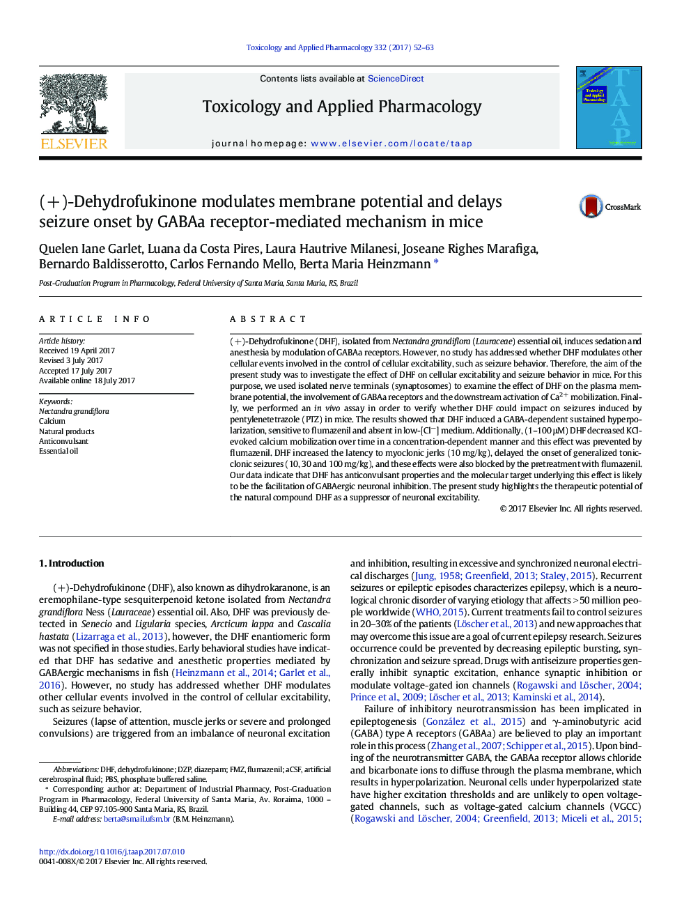 (+)-Dehydrofukinone modulates membrane potential and delays seizure onset by GABAa receptor-mediated mechanism in mice