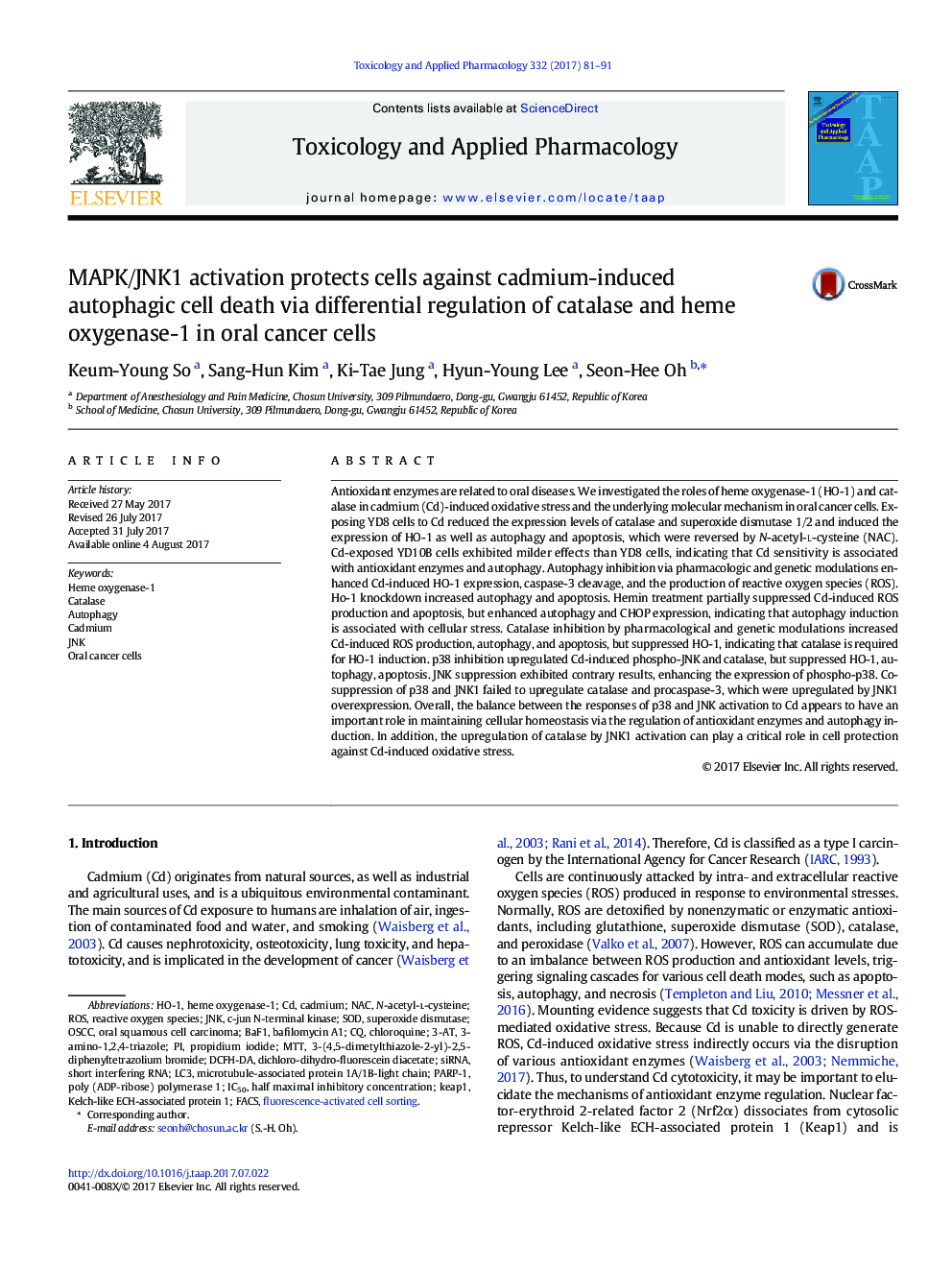 MAPK/JNK1 activation protects cells against cadmium-induced autophagic cell death via differential regulation of catalase and heme oxygenase-1 in oral cancer cells