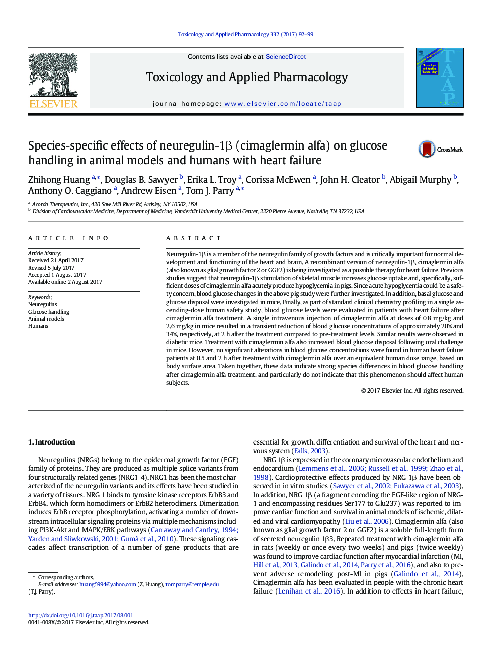 Species-specific effects of neuregulin-1Î² (cimaglermin alfa) on glucose handling in animal models and humans with heart failure