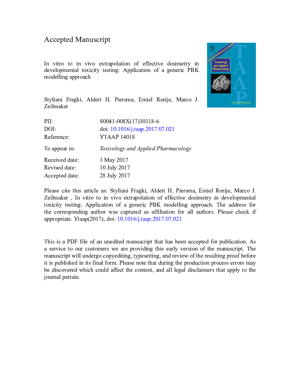 In vitro to in vivo extrapolation of effective dosimetry in developmental toxicity testing: Application of a generic PBK modelling approach