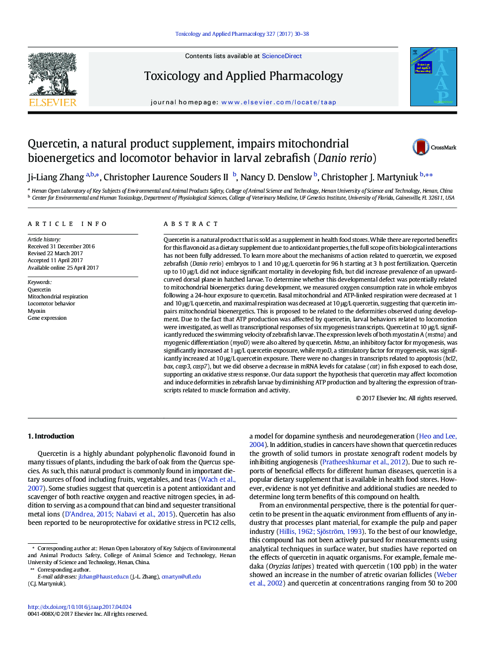 Quercetin, a natural product supplement, impairs mitochondrial bioenergetics and locomotor behavior in larval zebrafish (Danio rerio)