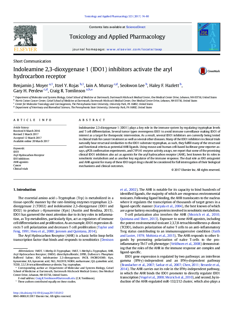 Indoleamine 2,3-dioxygenase 1 (IDO1) inhibitors activate the aryl hydrocarbon receptor