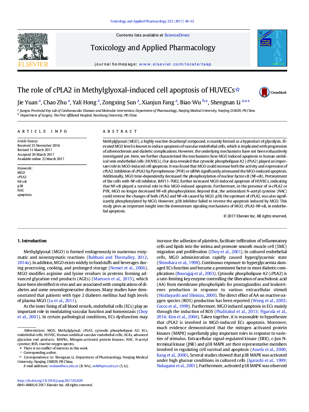 The role of cPLA2 in Methylglyoxal-induced cell apoptosis of HUVECs