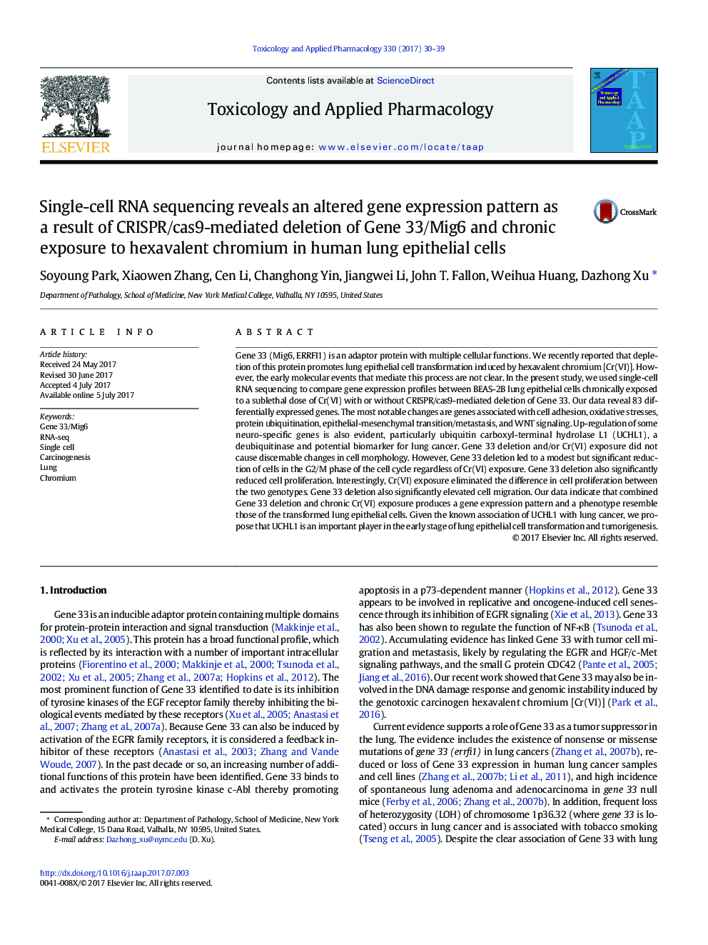 Single-cell RNA sequencing reveals an altered gene expression pattern as a result of CRISPR/cas9-mediated deletion of Gene 33/Mig6 and chronic exposure to hexavalent chromium in human lung epithelial cells