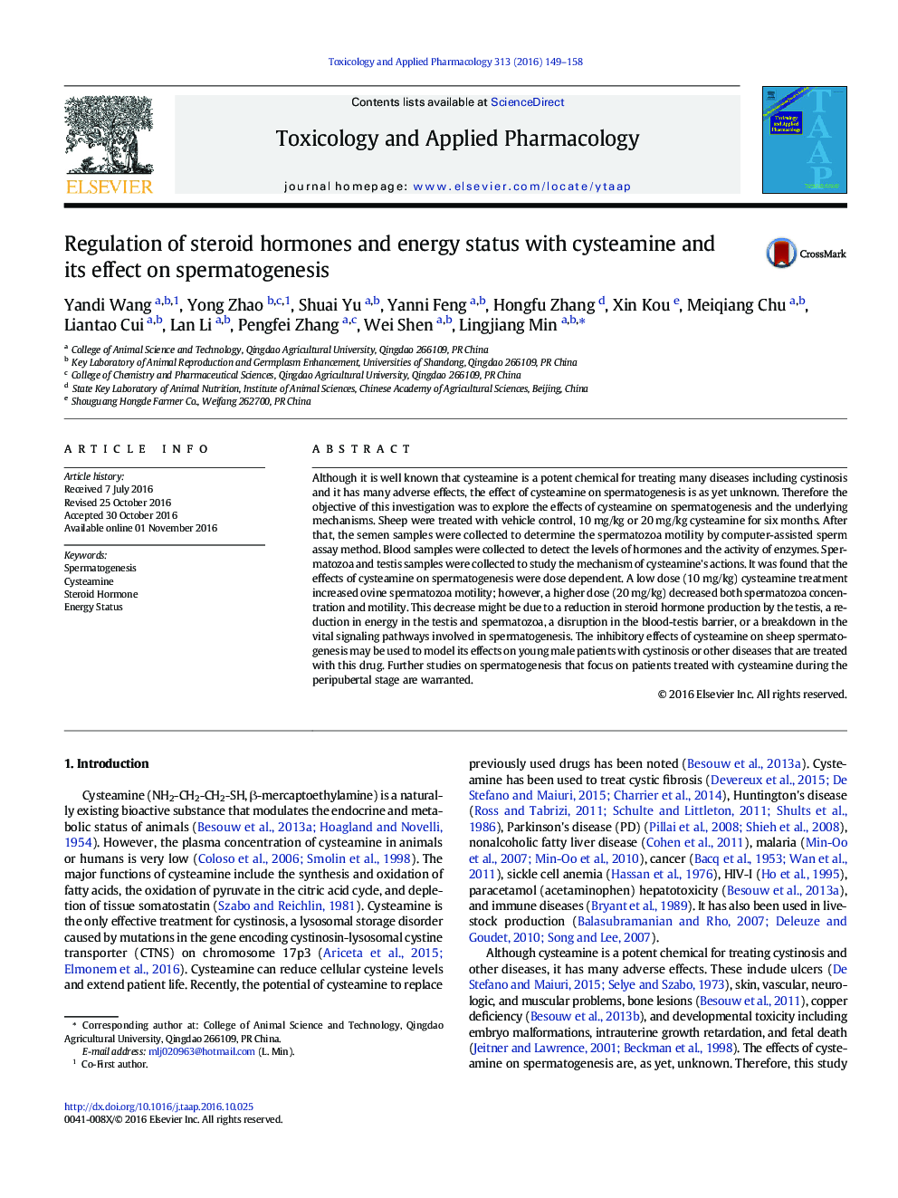 Regulation of steroid hormones and energy status with cysteamine and its effect on spermatogenesis