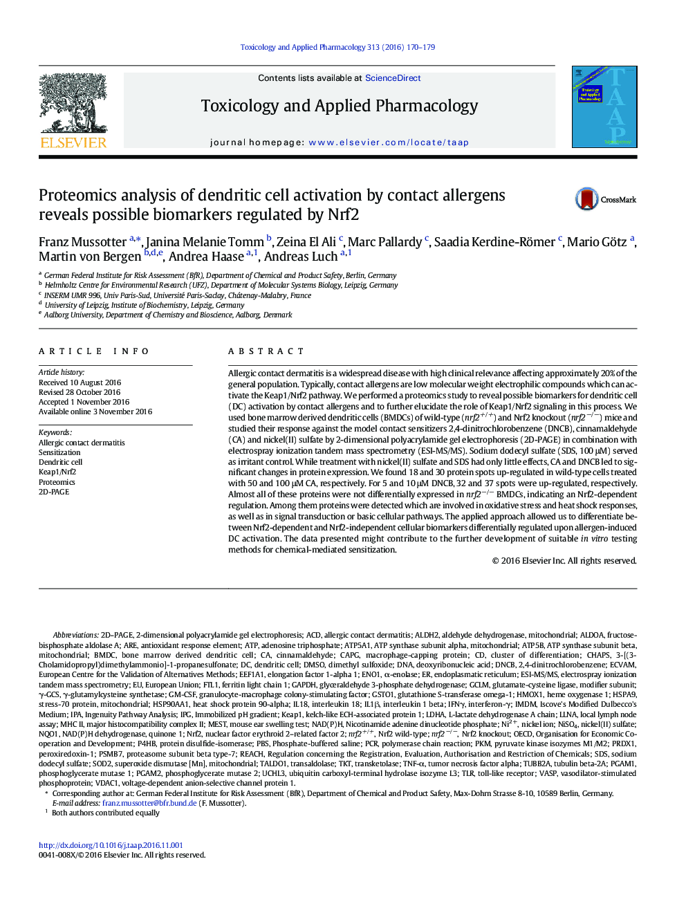 عکس صفحه اول مقاله: Proteomics analysis of dendritic cell activation by contact allergens reveals possible biomarkers regulated by Nrf2 Proteomics analysis of dendritic cell activation by contact allergens reveals possible biomarkers regulated by Nrf2