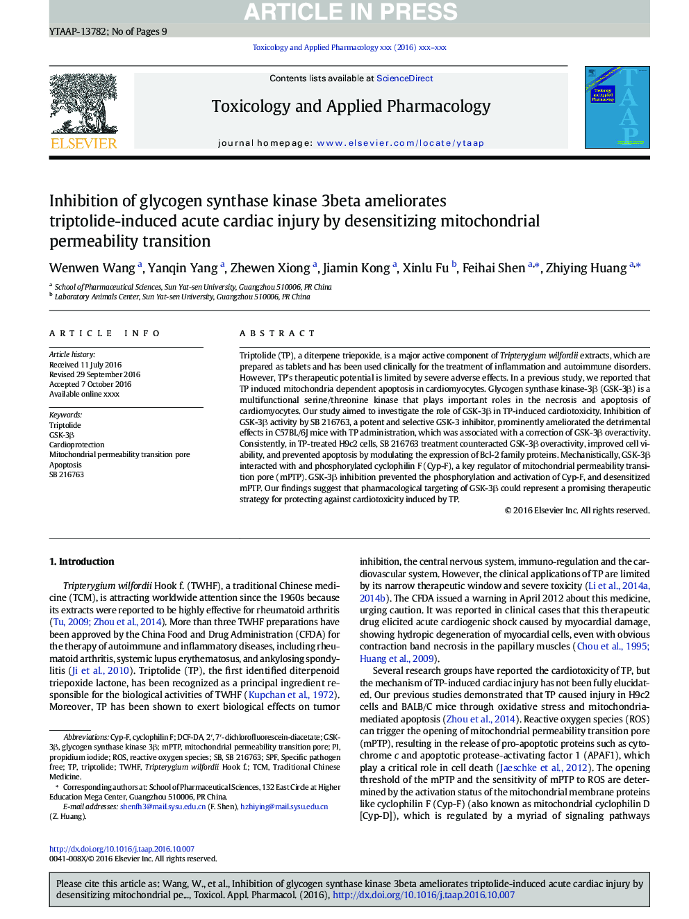 Inhibition of glycogen synthase kinase 3beta ameliorates triptolide-induced acute cardiac injury by desensitizing mitochondrial permeability transition