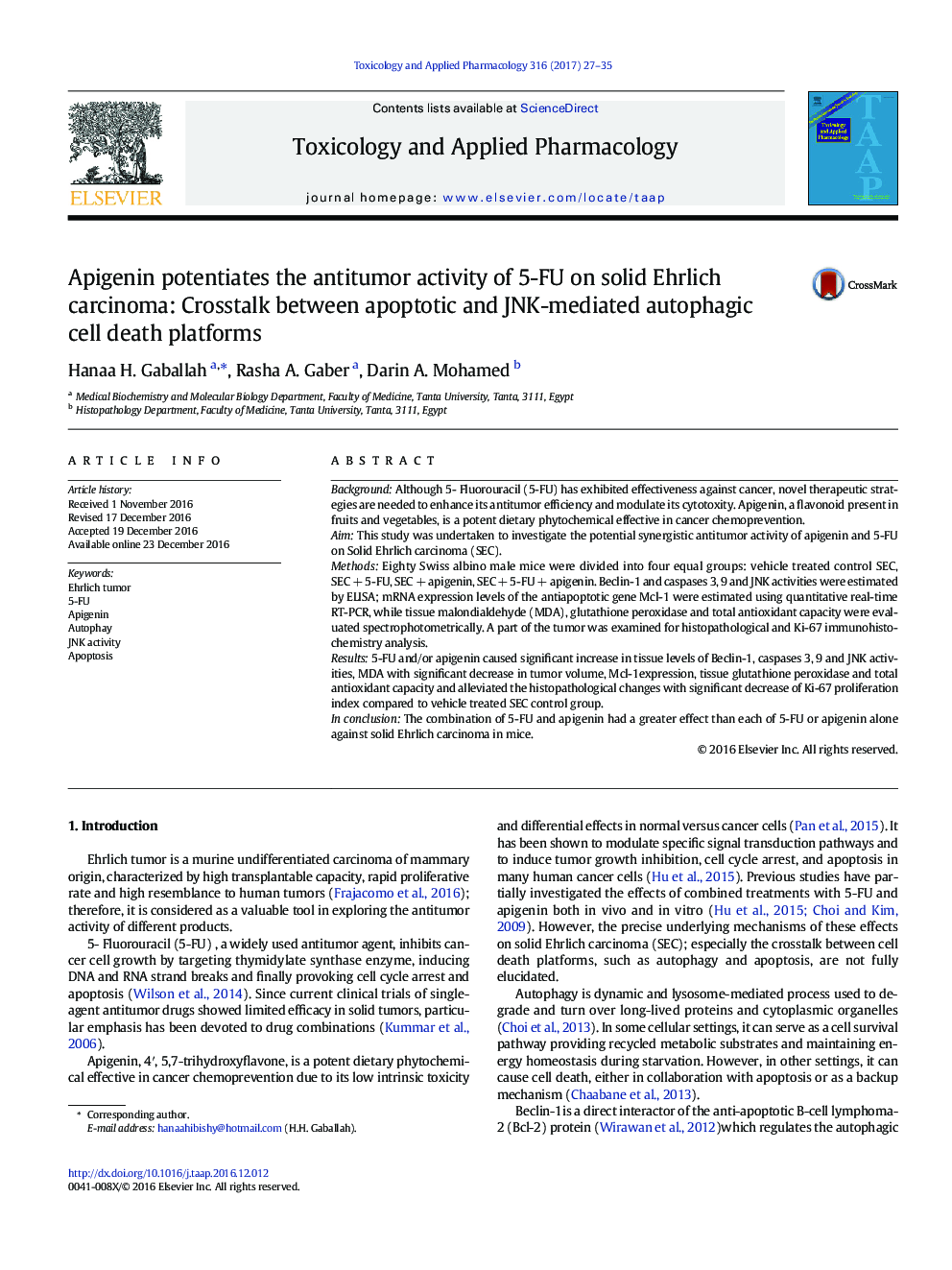 Apigenin potentiates the antitumor activity of 5-FU on solid Ehrlich carcinoma: Crosstalk between apoptotic and JNK-mediated autophagic cell death platforms