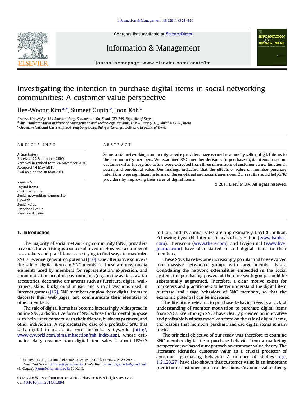 Investigating the intention to purchase digital items in social networking communities: A customer value perspective