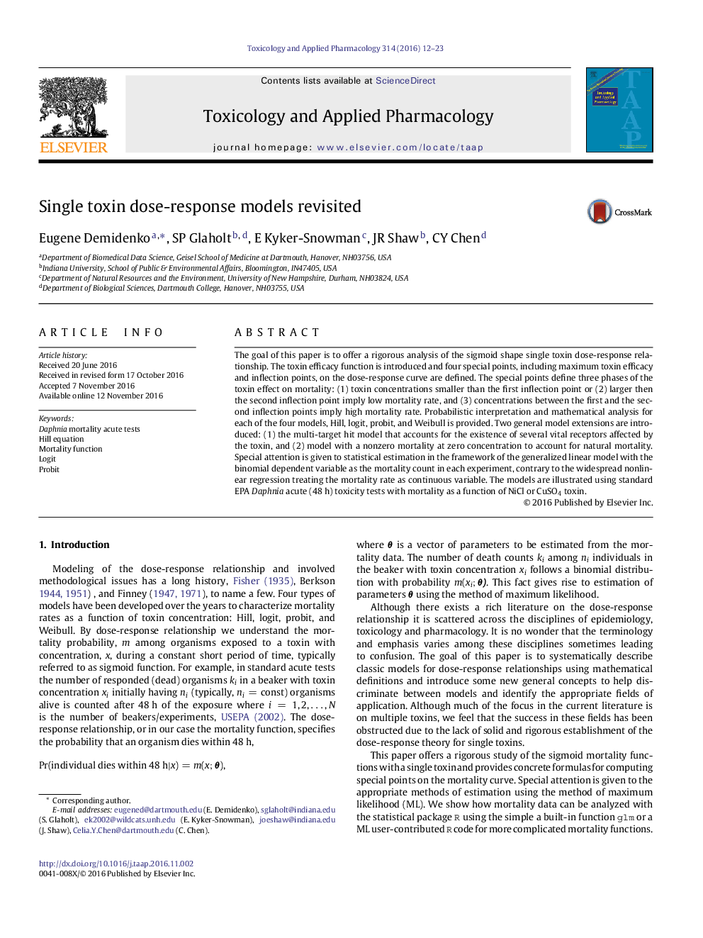 Single toxin dose-response models revisited