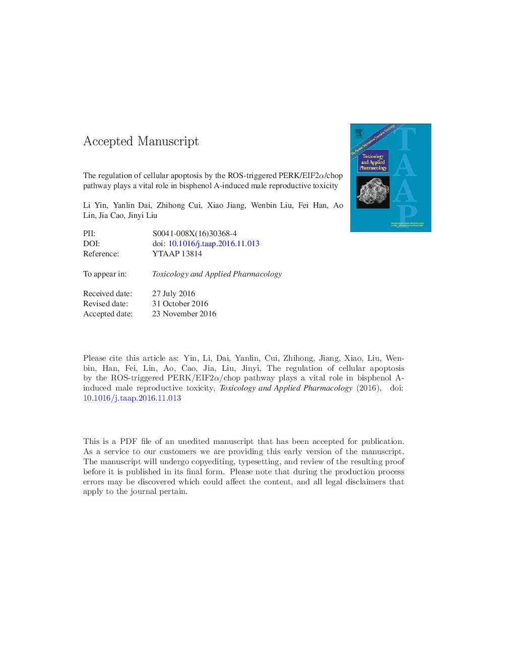 The regulation of cellular apoptosis by the ROS-triggered PERK/EIF2Î±/chop pathway plays a vital role in bisphenol A-induced male reproductive toxicity