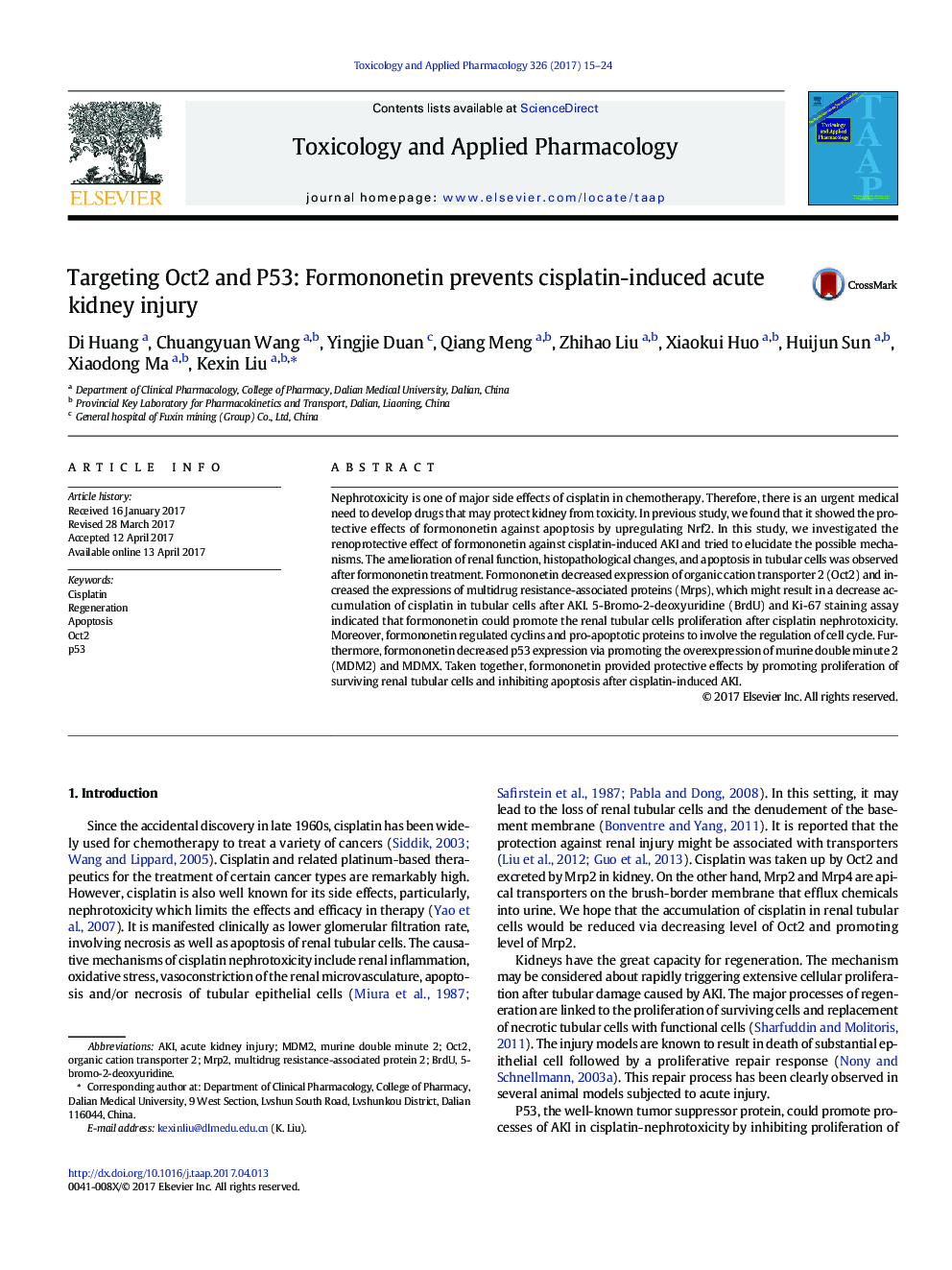 Targeting Oct2 and P53: Formononetin prevents cisplatin-induced acute kidney injury