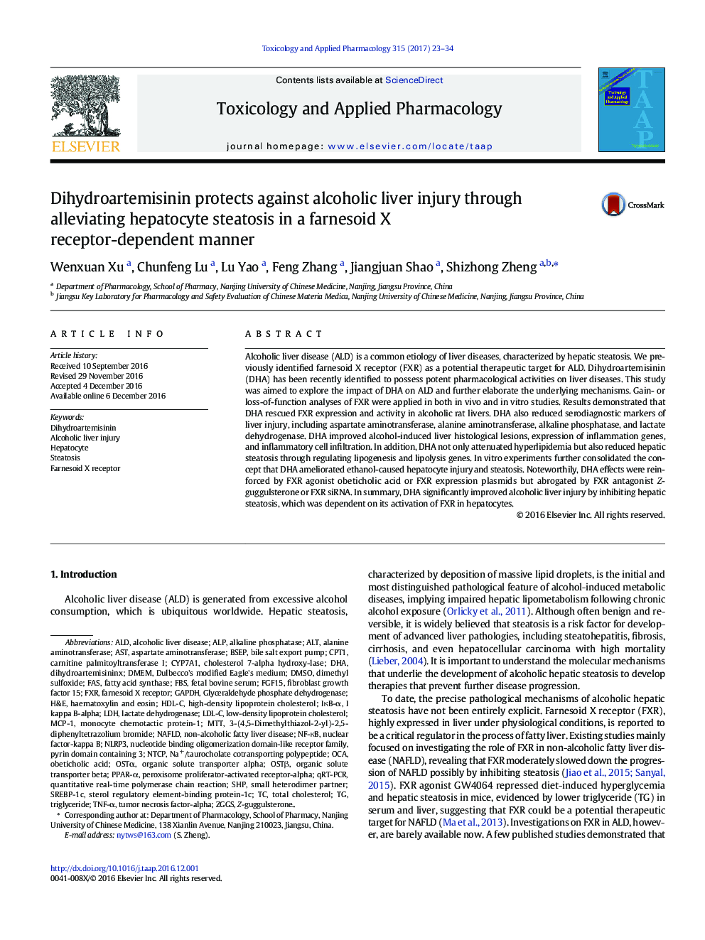 Dihydroartemisinin protects against alcoholic liver injury through alleviating hepatocyte steatosis in a farnesoid X receptor-dependent manner