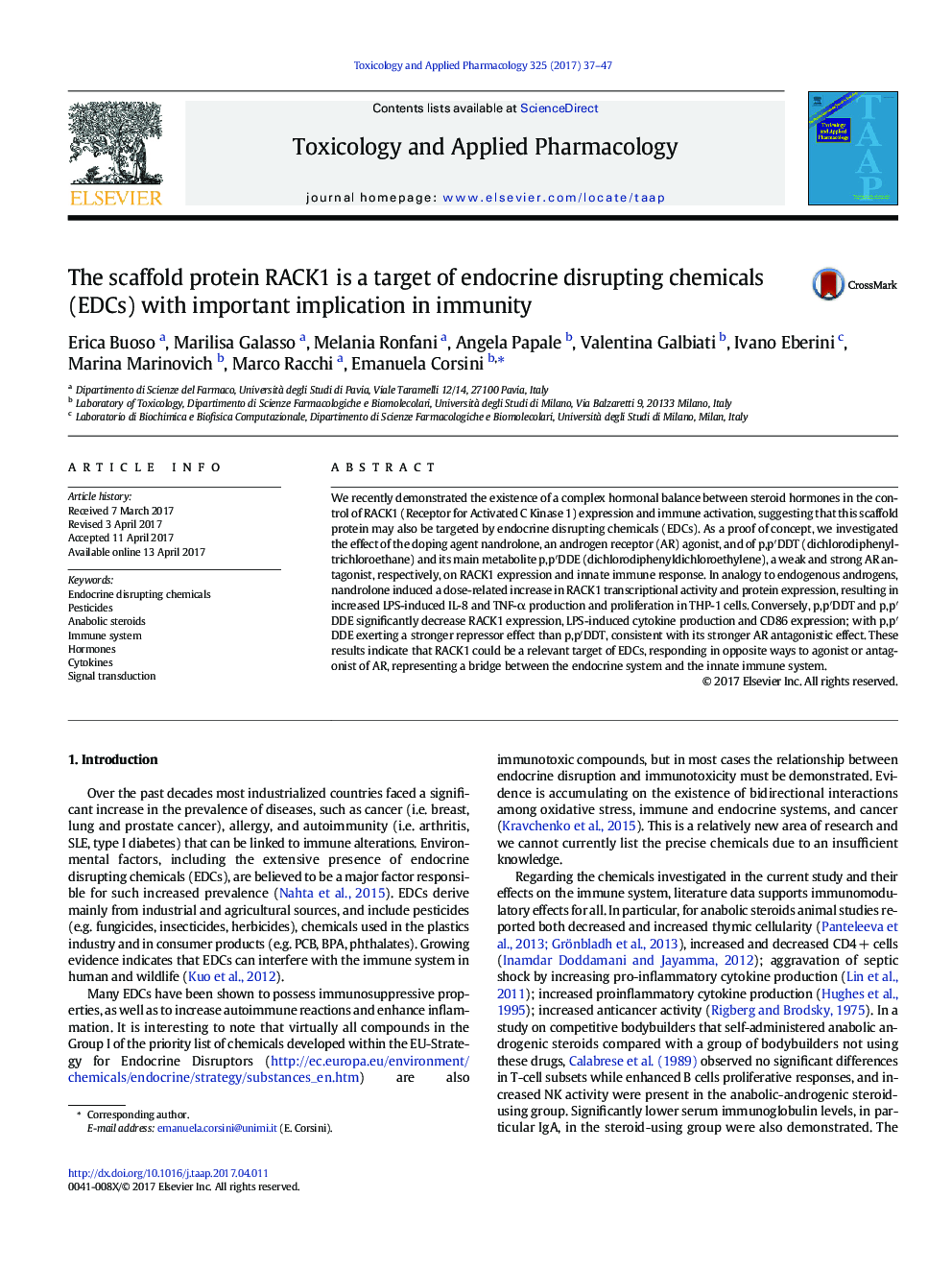 The scaffold protein RACK1 is a target of endocrine disrupting chemicals (EDCs) with important implication in immunity