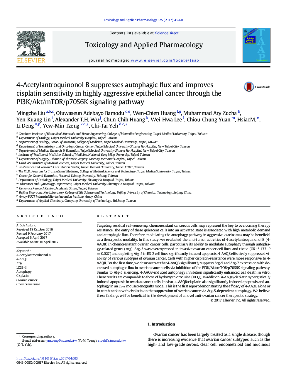 4-Acetylantroquinonol B suppresses autophagic flux and improves cisplatin sensitivity in highly aggressive epithelial cancer through the PI3K/Akt/mTOR/p70S6K signaling pathway