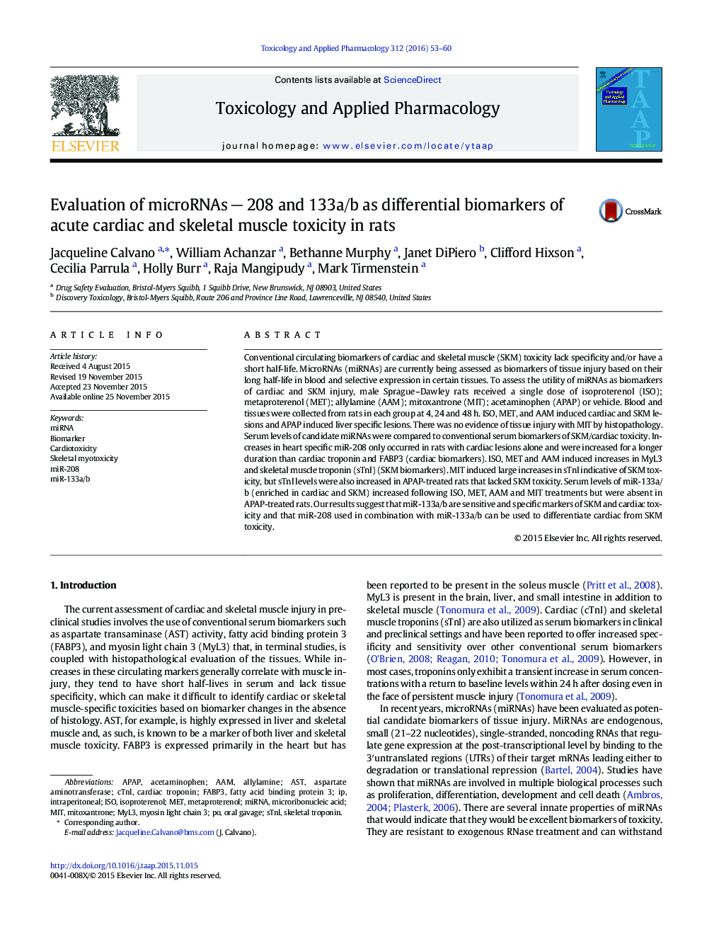 Evaluation of microRNAs â 208 and 133a/b as differential biomarkers of acute cardiac and skeletal muscle toxicity in rats
