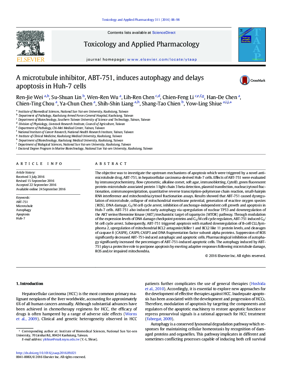 A microtubule inhibitor, ABT-751, induces autophagy and delays apoptosis in Huh-7 cells