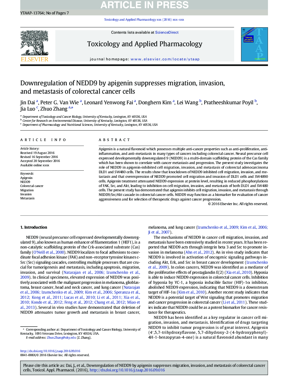 Downregulation of NEDD9 by apigenin suppresses migration, invasion, and metastasis of colorectal cancer cells