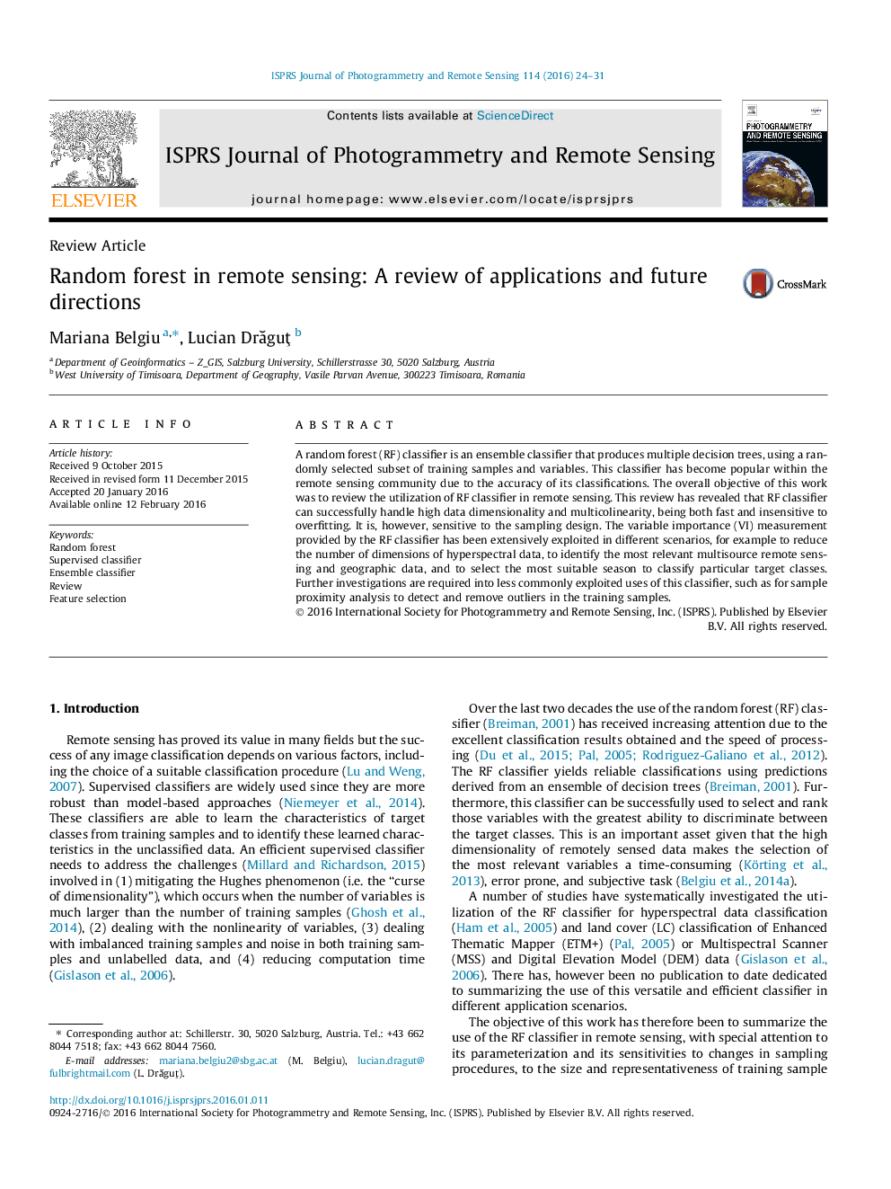 Random forest in remote sensing: A review of applications and future directions