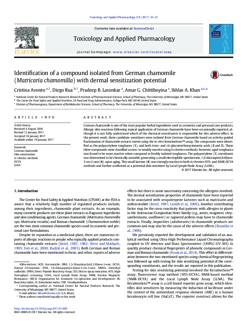 Identification of a compound isolated from German chamomile (Matricaria chamomilla) with dermal sensitization potential