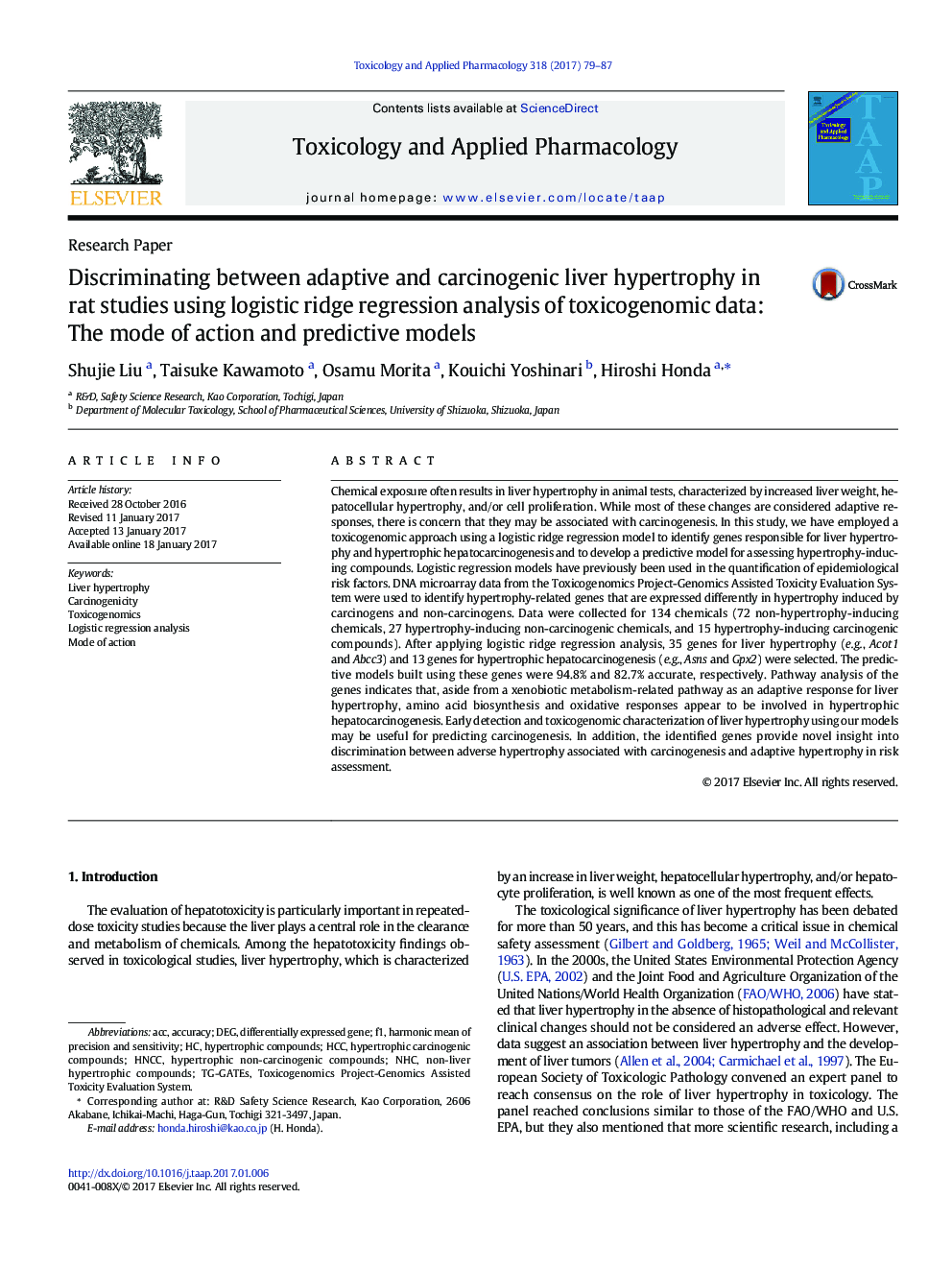 Discriminating between adaptive and carcinogenic liver hypertrophy in rat studies using logistic ridge regression analysis of toxicogenomic data: The mode of action and predictive models