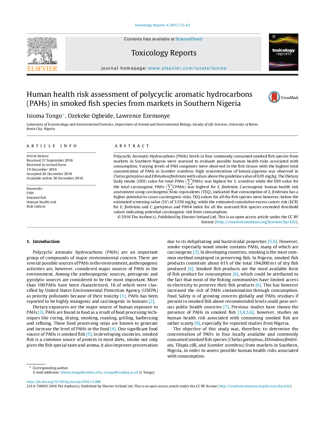 Human health risk assessment of polycyclic aromatic hydrocarbons (PAHs) in smoked fish species from markets in Southern Nigeria