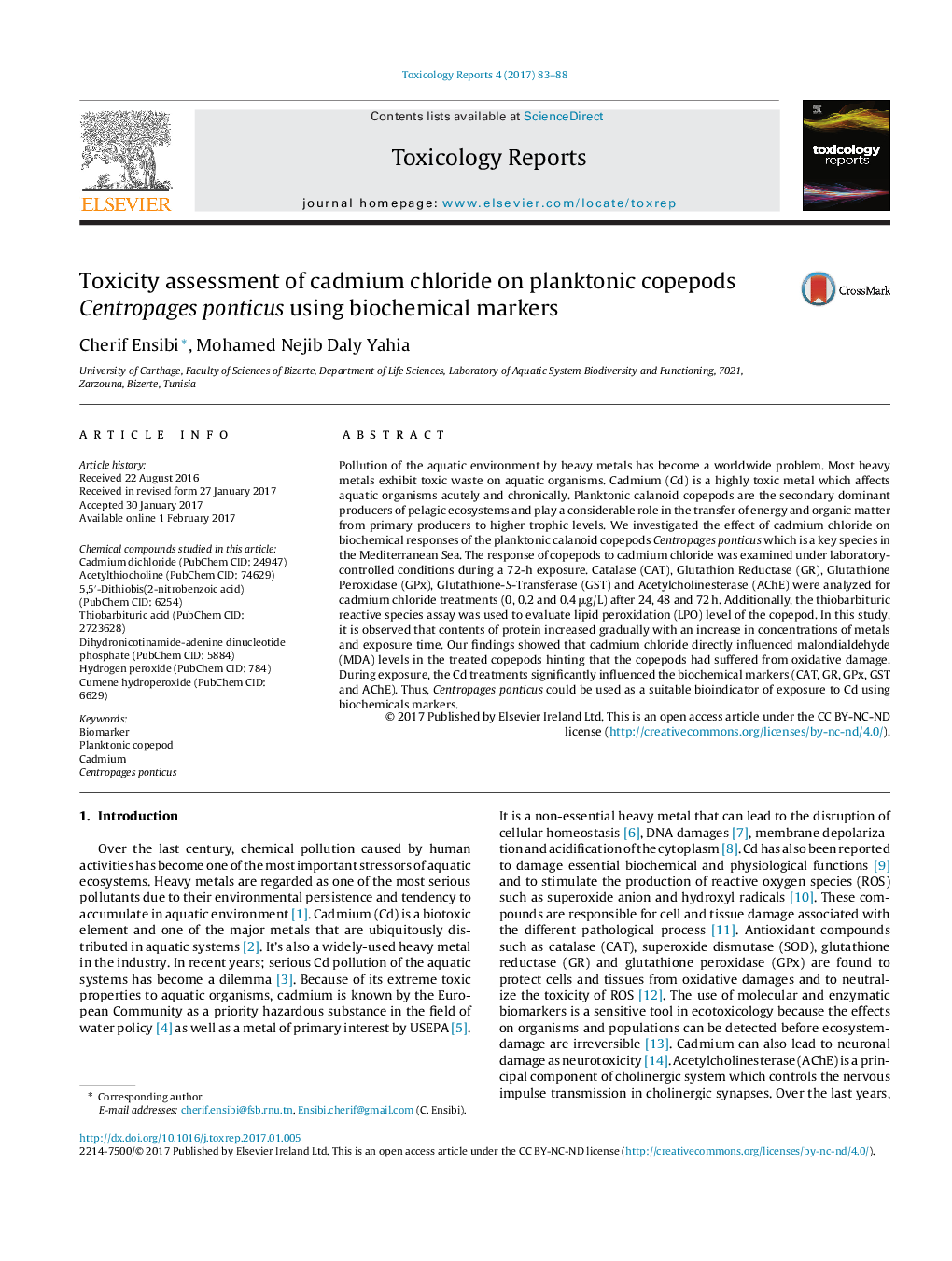 Toxicity assessment of cadmium chloride on planktonic copepods Centropages ponticus using biochemical markers