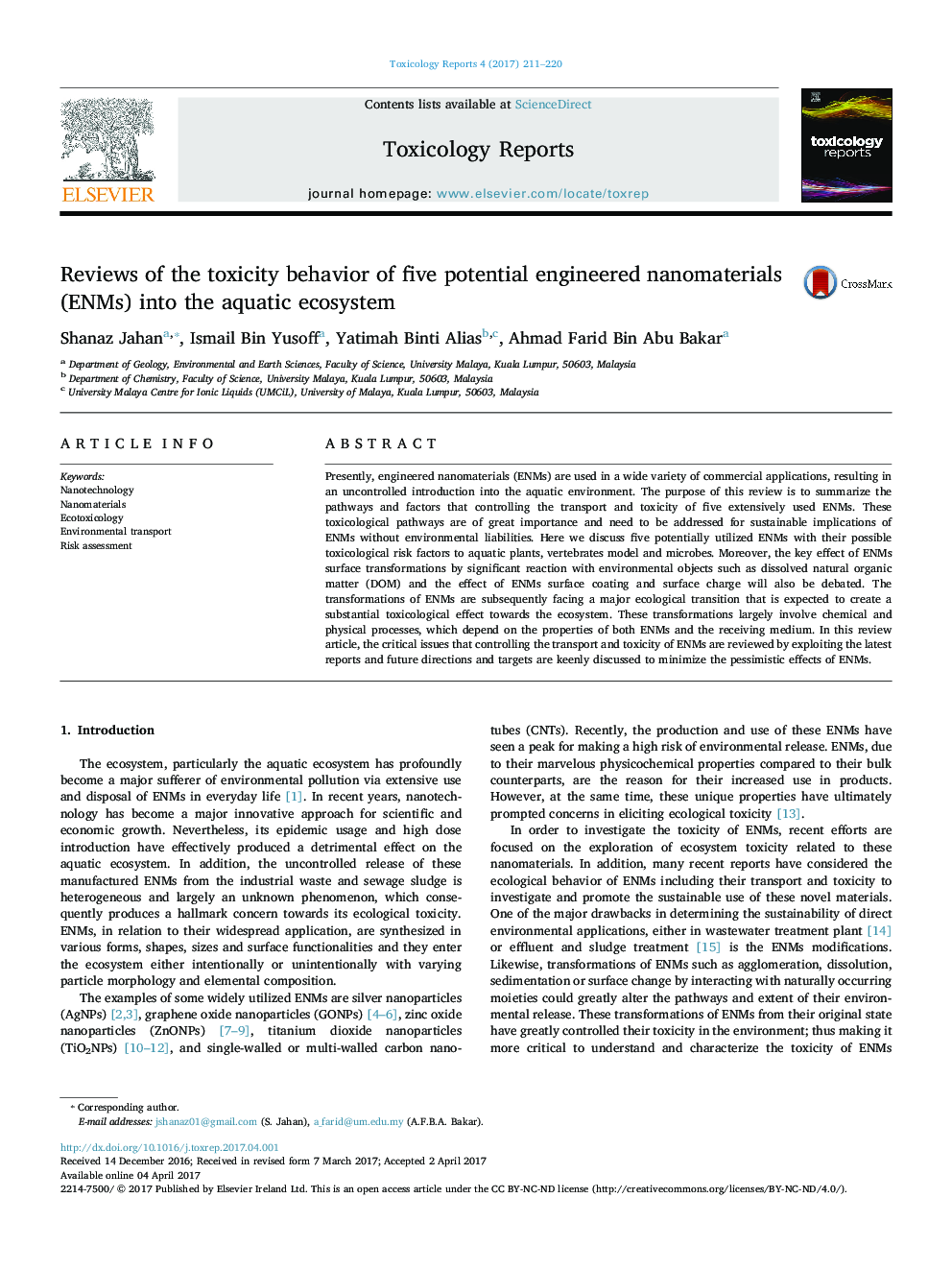 Reviews of the toxicity behavior of five potential engineered nanomaterials (ENMs) into the aquatic ecosystem