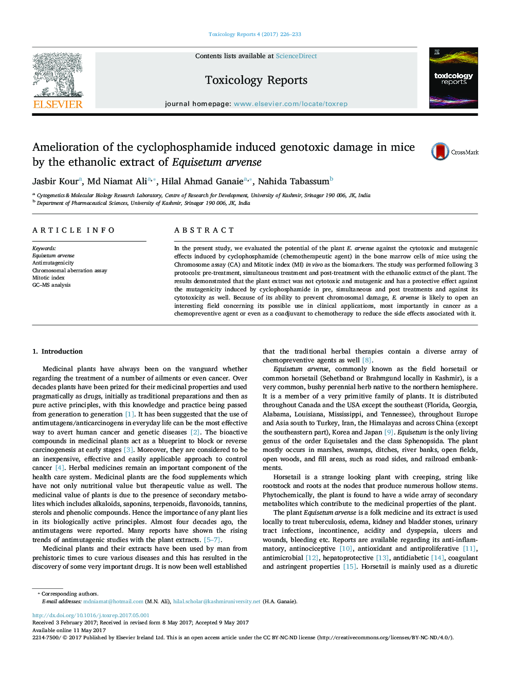 Amelioration of the cyclophosphamide induced genotoxic damage in mice by the ethanolic extract of Equisetum arvense