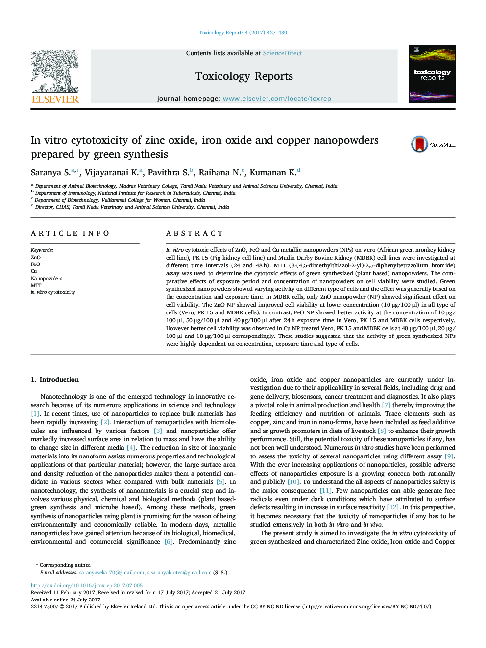 In vitro cytotoxicity of zinc oxide, iron oxide and copper nanopowders prepared by green synthesis