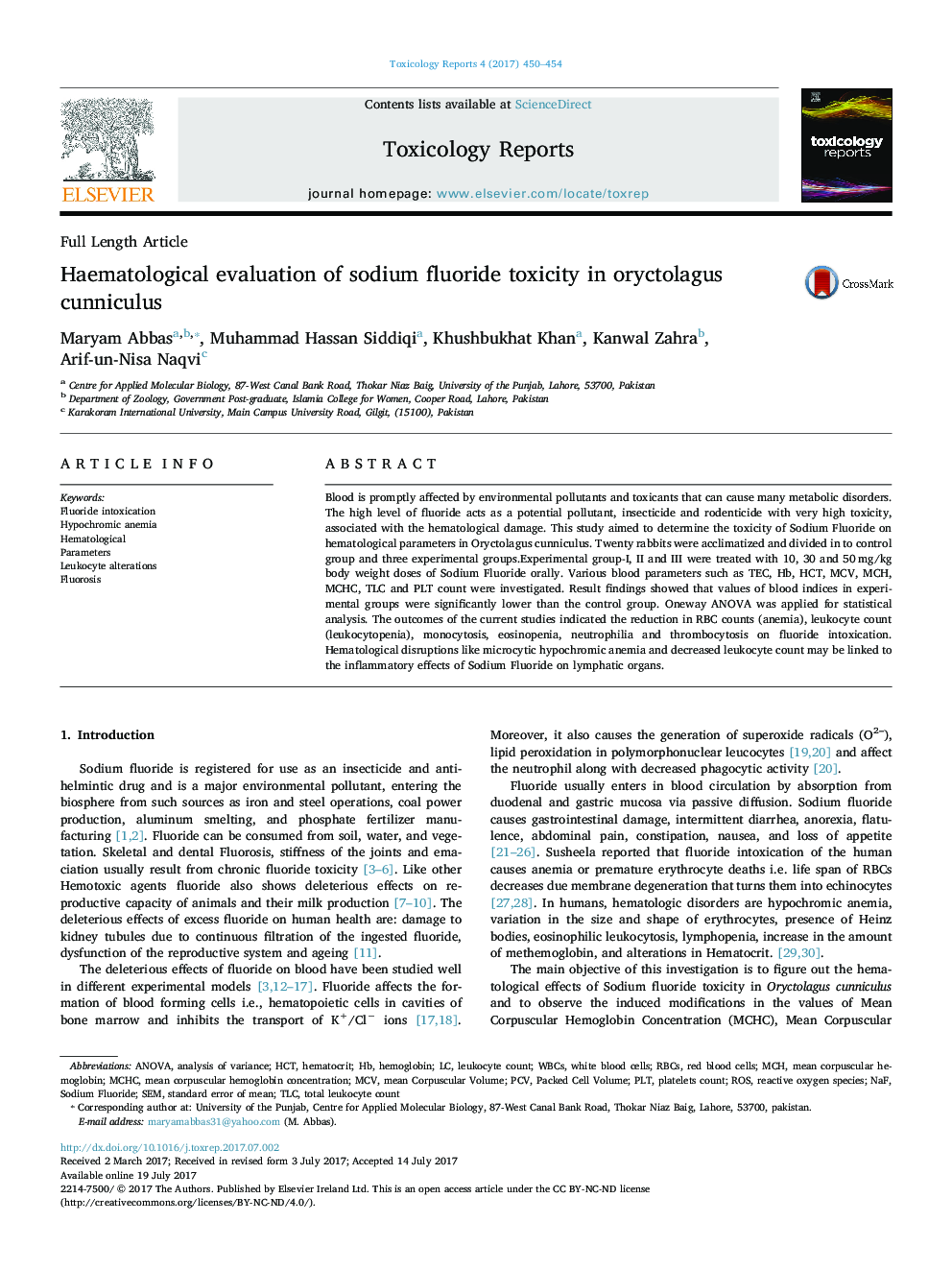 Haematological evaluation of sodium fluoride toxicity in oryctolagus cunniculus