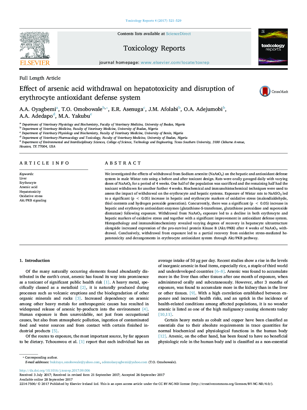 Effect of arsenic acid withdrawal on hepatotoxicity and disruption of erythrocyte antioxidant defense system